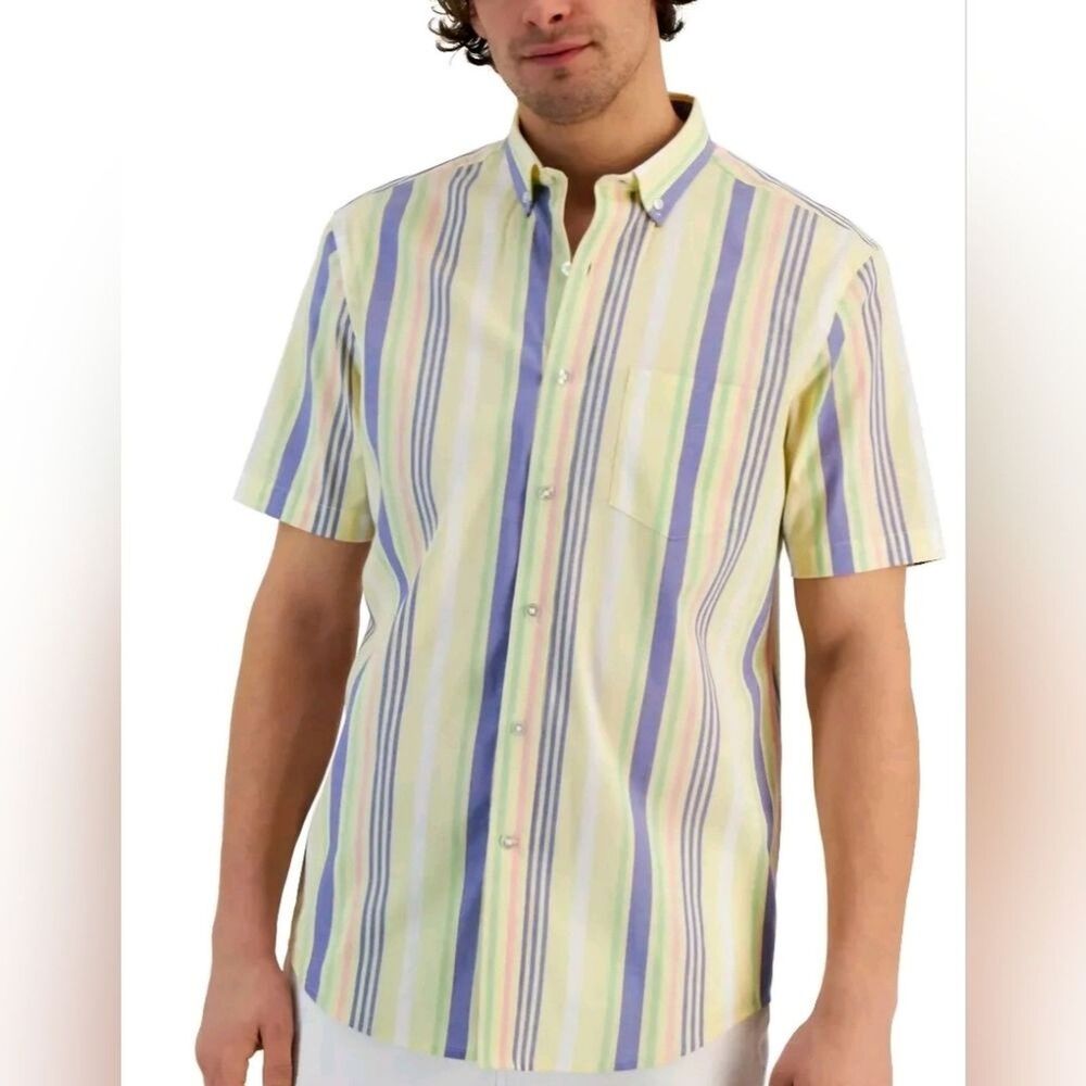 Men's Short Sleeve Striped Club Room Shirt - Yellow and pastel colors - Large